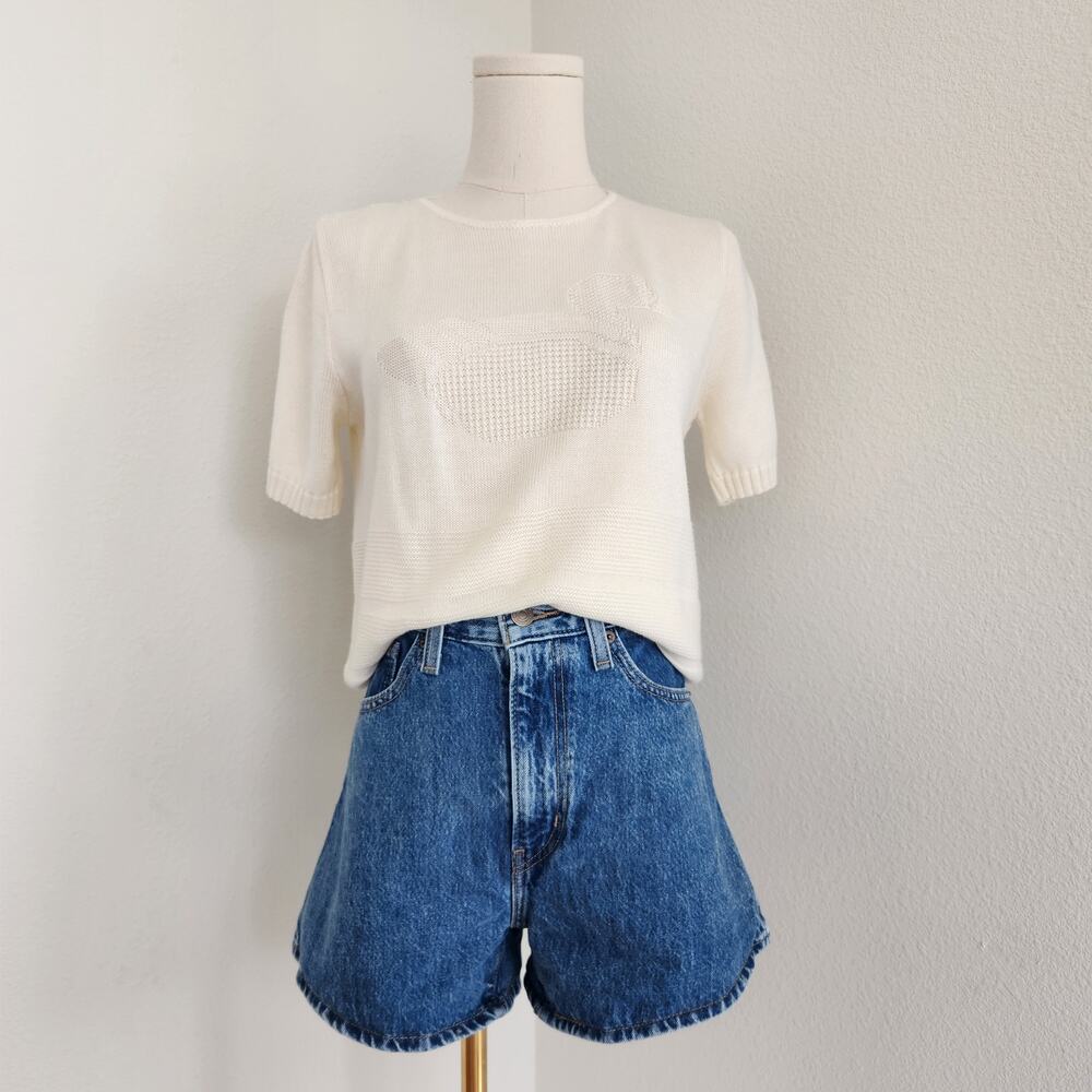 Vintage 80s 90s Cream Knit Short Sleeve Top Textured Duck Detail Kenneth Too S M